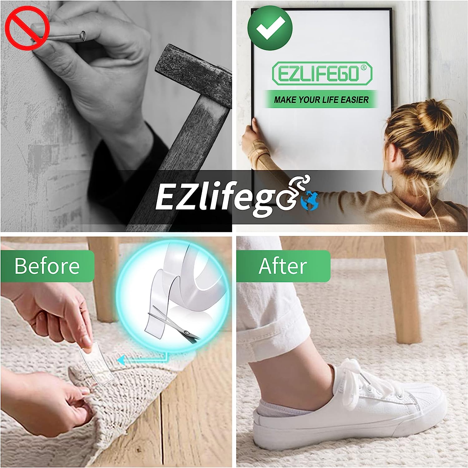 EZlifego Double Sided Tape Heavy Duty, Extra Large & Tough Adhesive Mounting Tape, Multipurpose Nano Tape Picture Hanging Strips, Removable Sticky Poster Tape for Walls Decor Carpet Tape(Clear,9.85FT) - Image 3